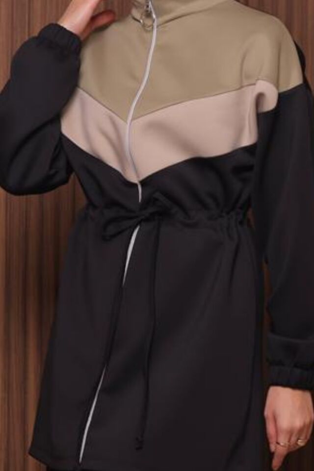 Balenbi Kadın Scuba Kumaş Beli Büzgü Kemerli Tesettür Takım 1123 M - Siyah