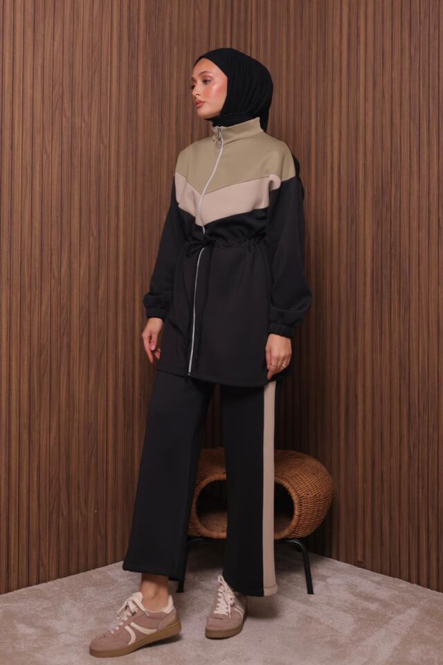 Balenbi Kadın Scuba Kumaş Beli Büzgü Kemerli Tesettür Takım 1123 M - Siyah