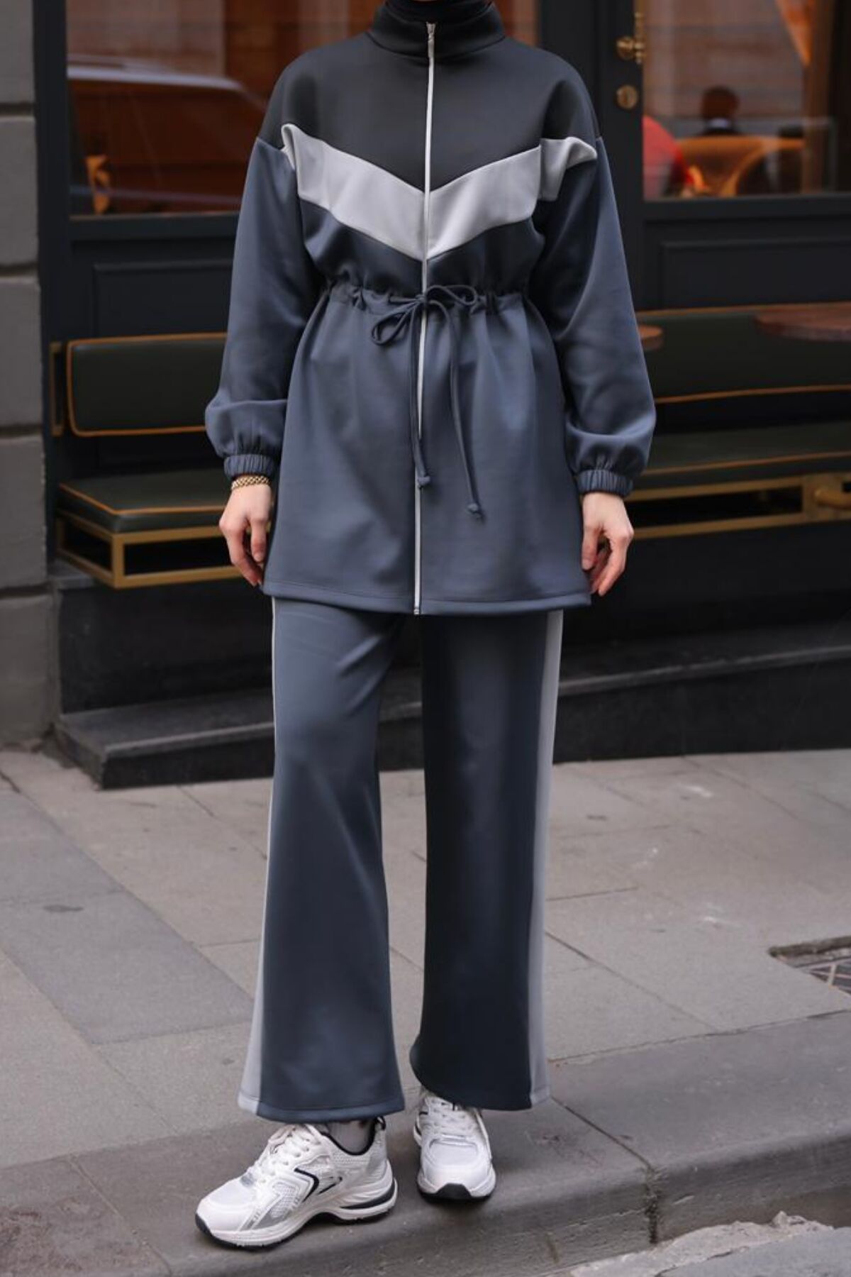 Balenbi Kadın Scuba Kumaş Beli Büzgü Kemerli Tesettür Takım 1123 XL - Antrasit