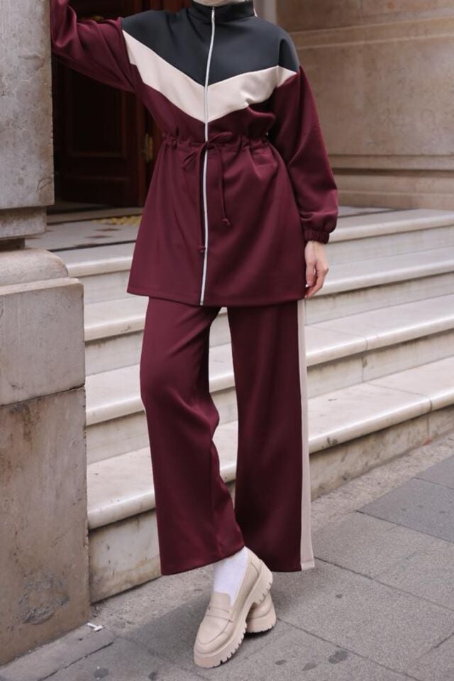 Balenbi Kadın Scuba Kumaş Beli Büzgü Kemerli Tesettür Takım 1123 Bordo - XL