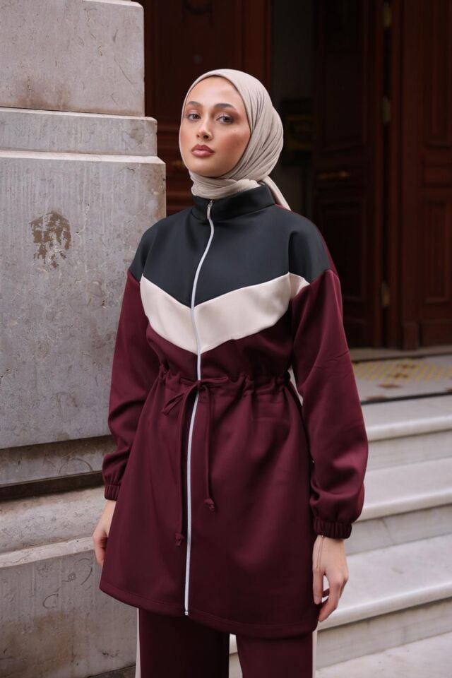 Balenbi Kadın Scuba Kumaş Beli Büzgü Kemerli Tesettür Takım 1123 XL - Bordo