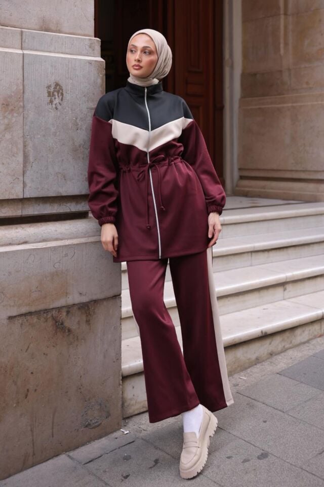Balenbi Kadın Scuba Kumaş Beli Büzgü Kemerli Tesettür Takım 1123 XL - Bordo