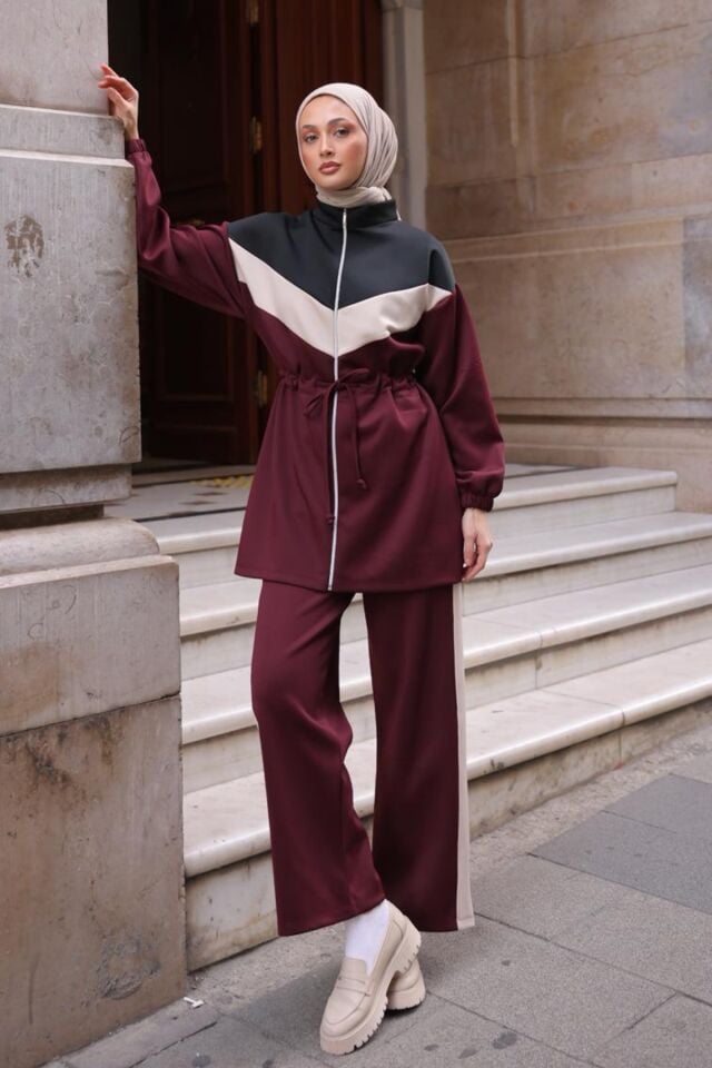 Balenbi Kadın Scuba Kumaş Beli Büzgü Kemerli Tesettür Takım 1123 Bordo - XL