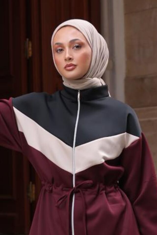 Balenbi Kadın Scuba Kumaş Beli Büzgü Kemerli Tesettür Takım 1123 XL - Bordo