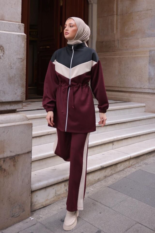 Balenbi Kadın Scuba Kumaş Beli Büzgü Kemerli Tesettür Takım 1123 XL - Bordo