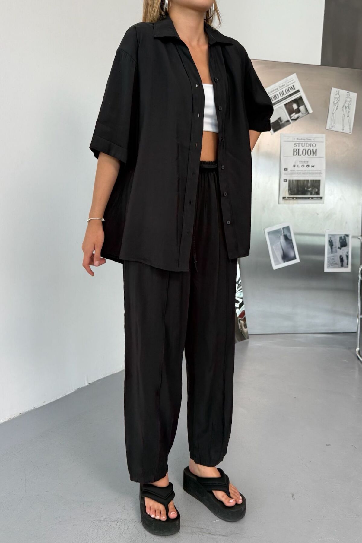 Feela Moda Kadın Modal Dokuma Kısa Kol Salaş Takım 2014 38 - Siyah