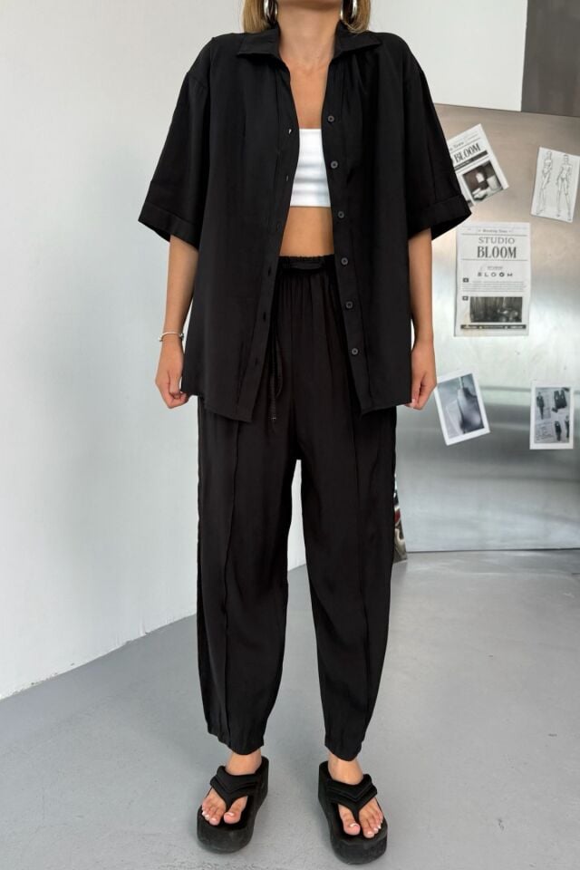 Feela Moda Kadın Modal Dokuma Kısa Kol Salaş Takım 2014 Siyah - 38