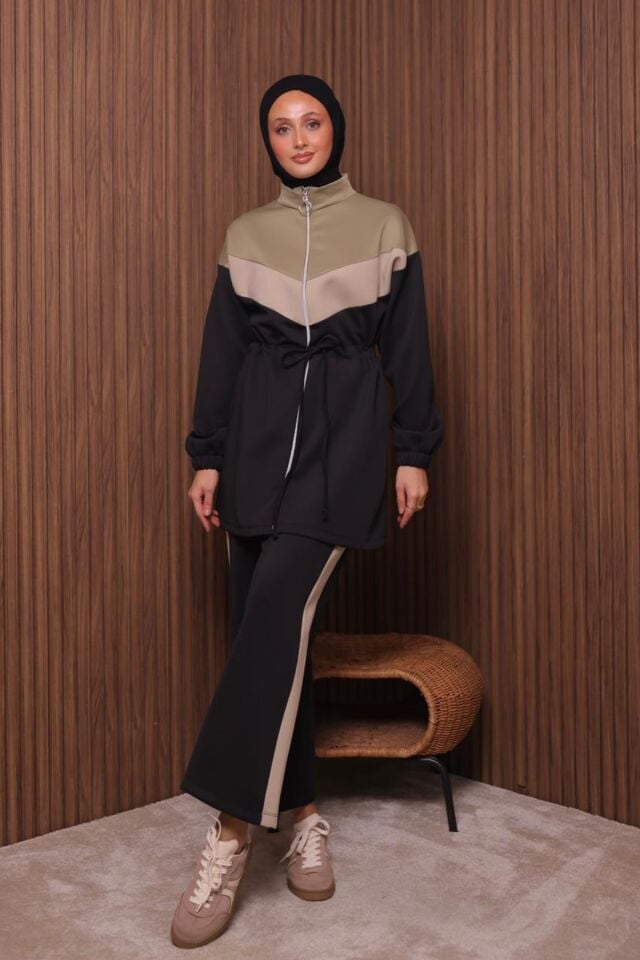 Balenbi Kadın Scuba Kumaş Beli Büzgü Kemerli Tesettür Takım 1123 XL - Siyah