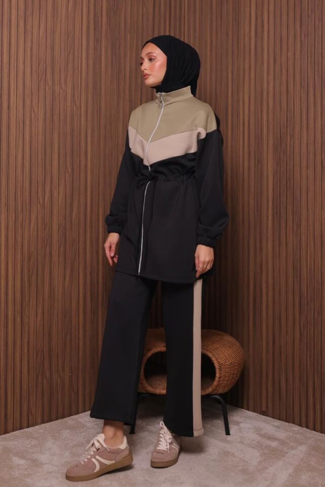 Balenbi Kadın Scuba Kumaş Beli Büzgü Kemerli Tesettür Takım 1123 XL - Siyah