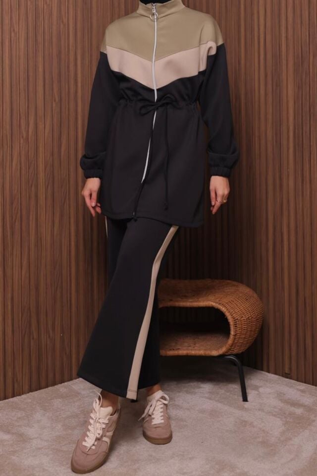 Balenbi Kadın Scuba Kumaş Beli Büzgü Kemerli Tesettür Takım 1123 Siyah - XL