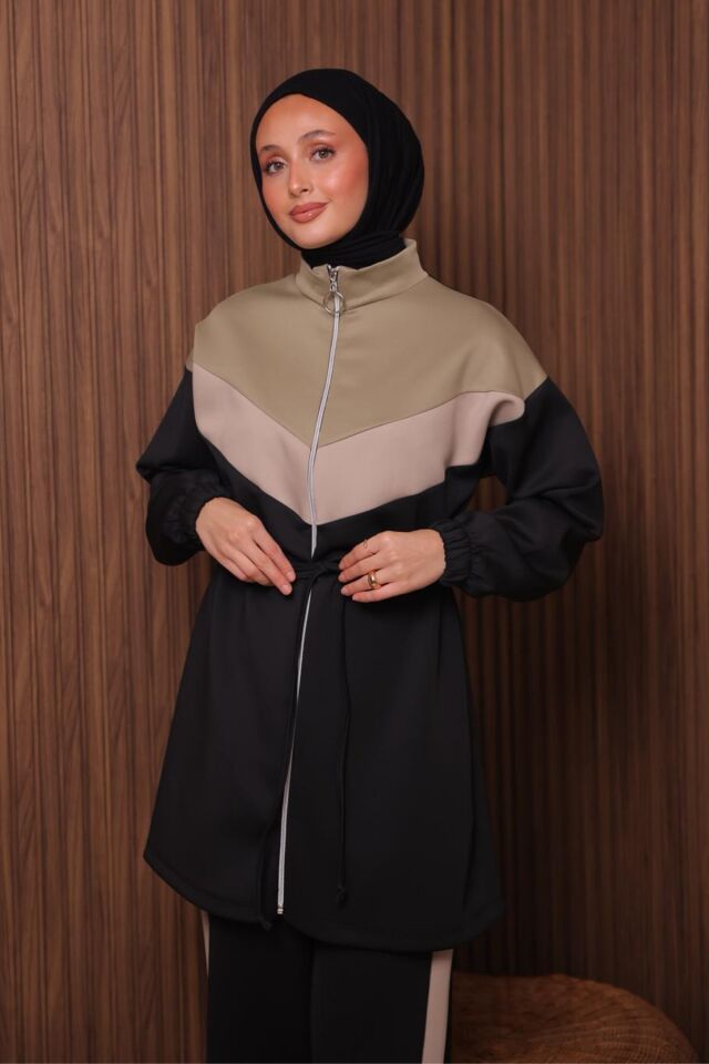 Balenbi Kadın Scuba Kumaş Beli Büzgü Kemerli Tesettür Takım 1123 Siyah - XL