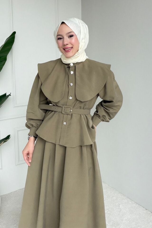 Balenbi Rahat Kesim Kemer Detaylı Tesettür Kadın Etekli Takım 1167 – Form Serisi Haki - 38