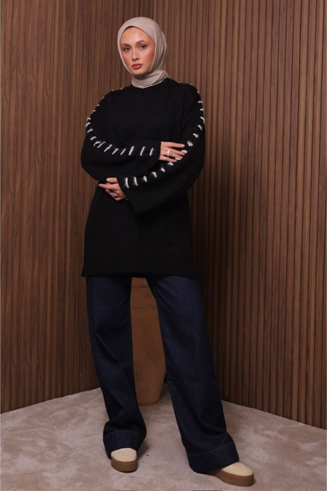 Balenbi İlmek Detaylı Oversize Yumoş Tesettür Triko Tunik 7028 Standart - Siyah