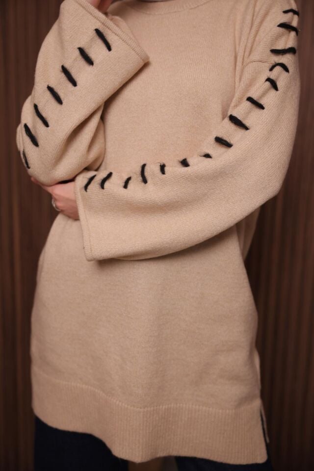Balenbi İlmek Detaylı Oversize Yumoş Tesettür Triko Tunik 7028 Standart - Bej