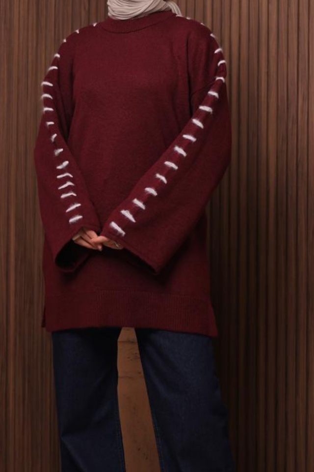 Balenbi İlmek Detaylı Oversize Yumoş Tesettür Triko Tunik 7028 Standart - Bordo