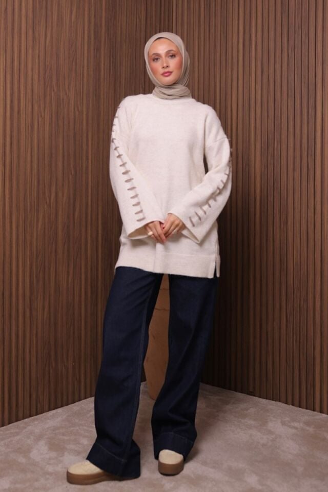 Balenbi İlmek Detaylı Oversize Yumoş Tesettür Triko Tunik 7028 Standart - Ekru
