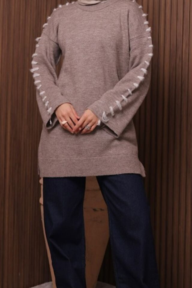 Balenbi İlmek Detaylı Oversize Yumoş Tesettür Triko Tunik 7028 Standart - Toprak