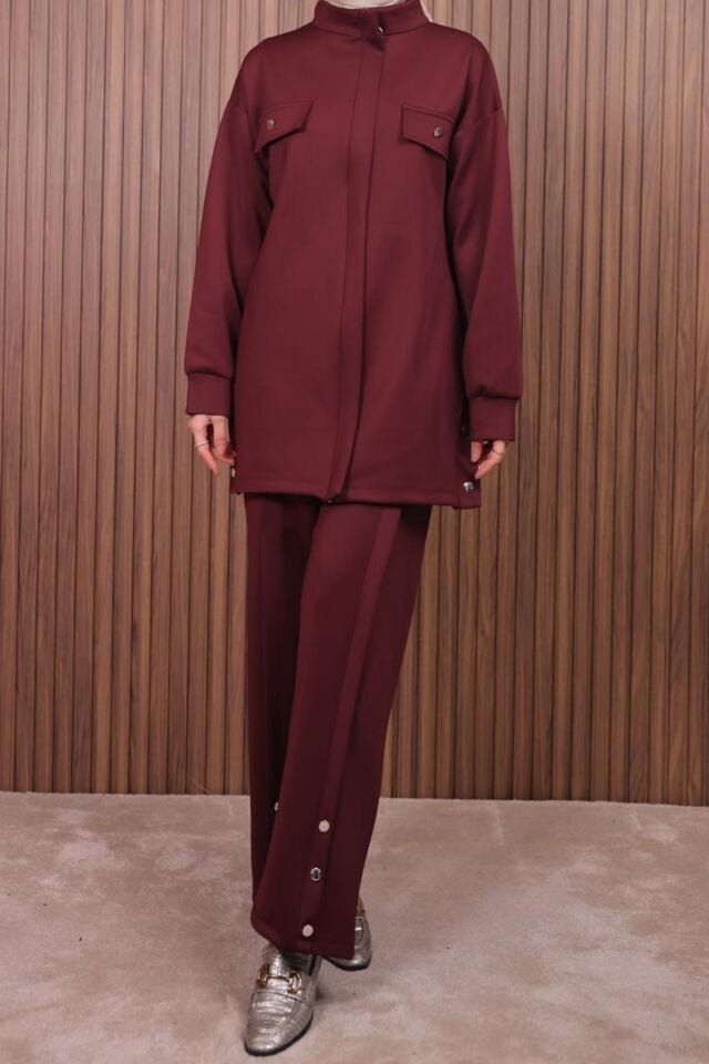 Balenbi Kadın Scuba Kumaş Pantolon Düğme Detaylı Tesettür Takım 1122 Bordo - L