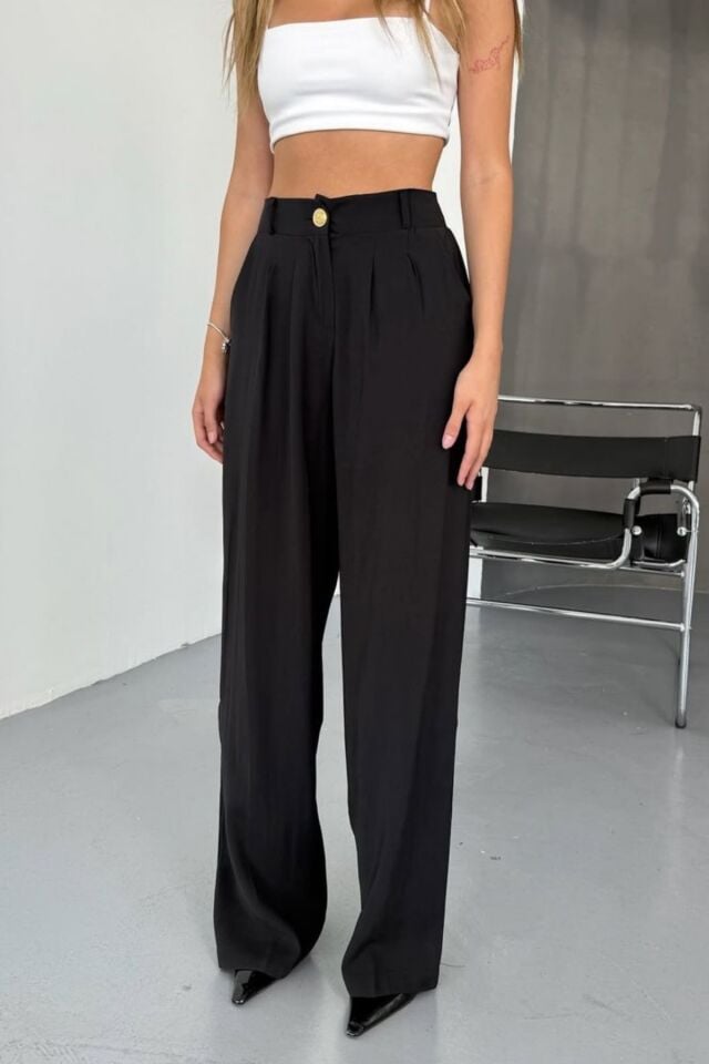 Feela Moda Kadın Modal Cupra Dokuma Pileli Palazzo Pantolon 2022 Siyah - 42