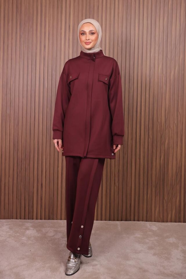 Balenbi Kadın Scuba Kumaş Pantolon Düğme Detaylı Tesettür Takım 1122 Bordo - L