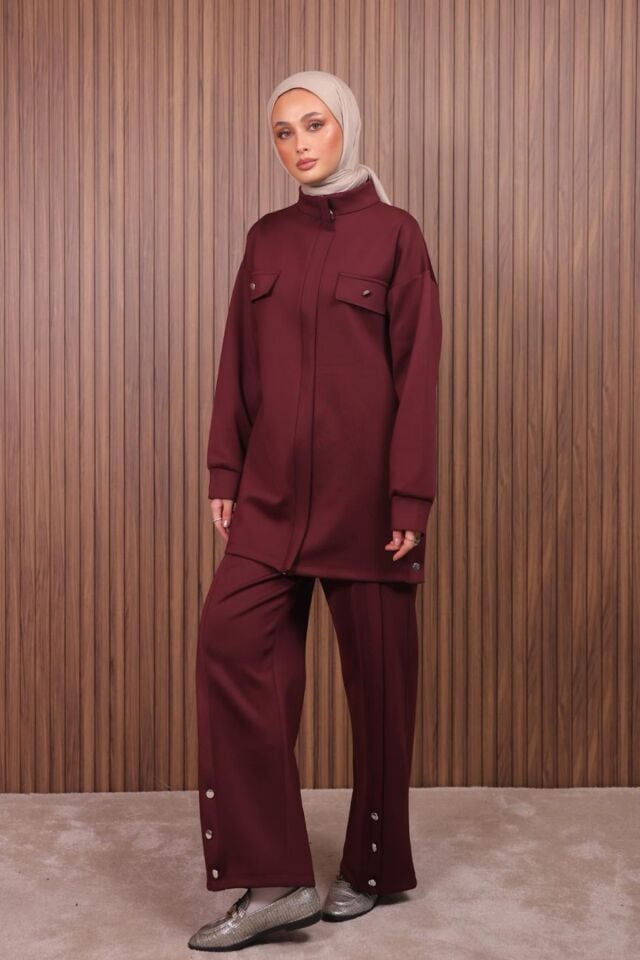 Balenbi Kadın Scuba Kumaş Pantolon Düğme Detaylı Tesettür Takım 1122 L - Bordo