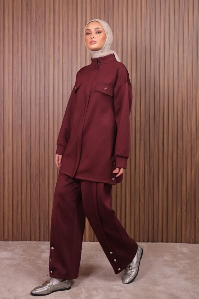 Balenbi Kadın Scuba Kumaş Pantolon Düğme Detaylı Tesettür Takım 1122 L - Bordo