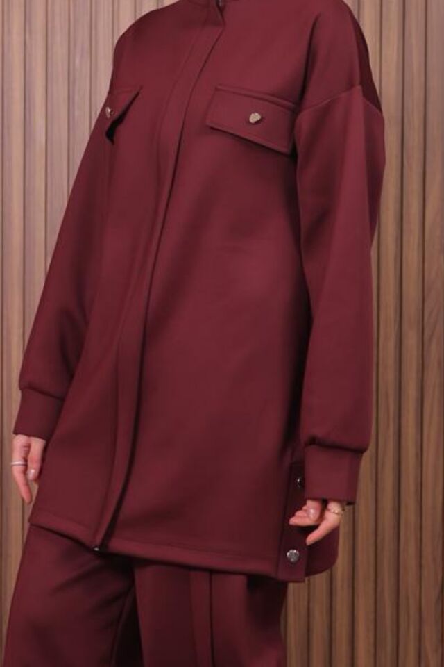 Balenbi Kadın Scuba Kumaş Pantolon Düğme Detaylı Tesettür Takım 1122 L - Bordo