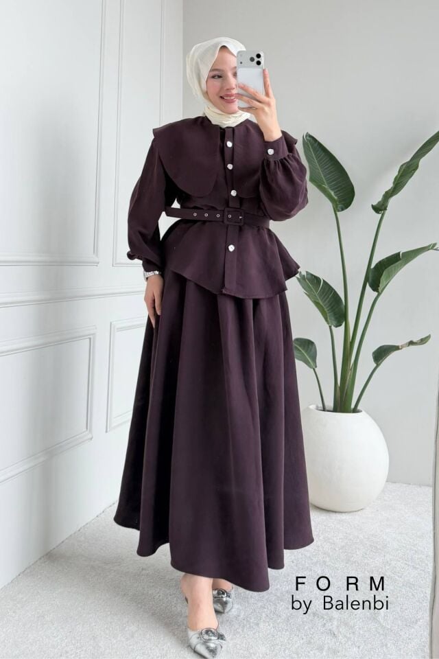 Balenbi Rahat Kesim Kemer Detaylı Tesettür Kadın Etekli Takım 1167 – Form Serisi Bordo - 38