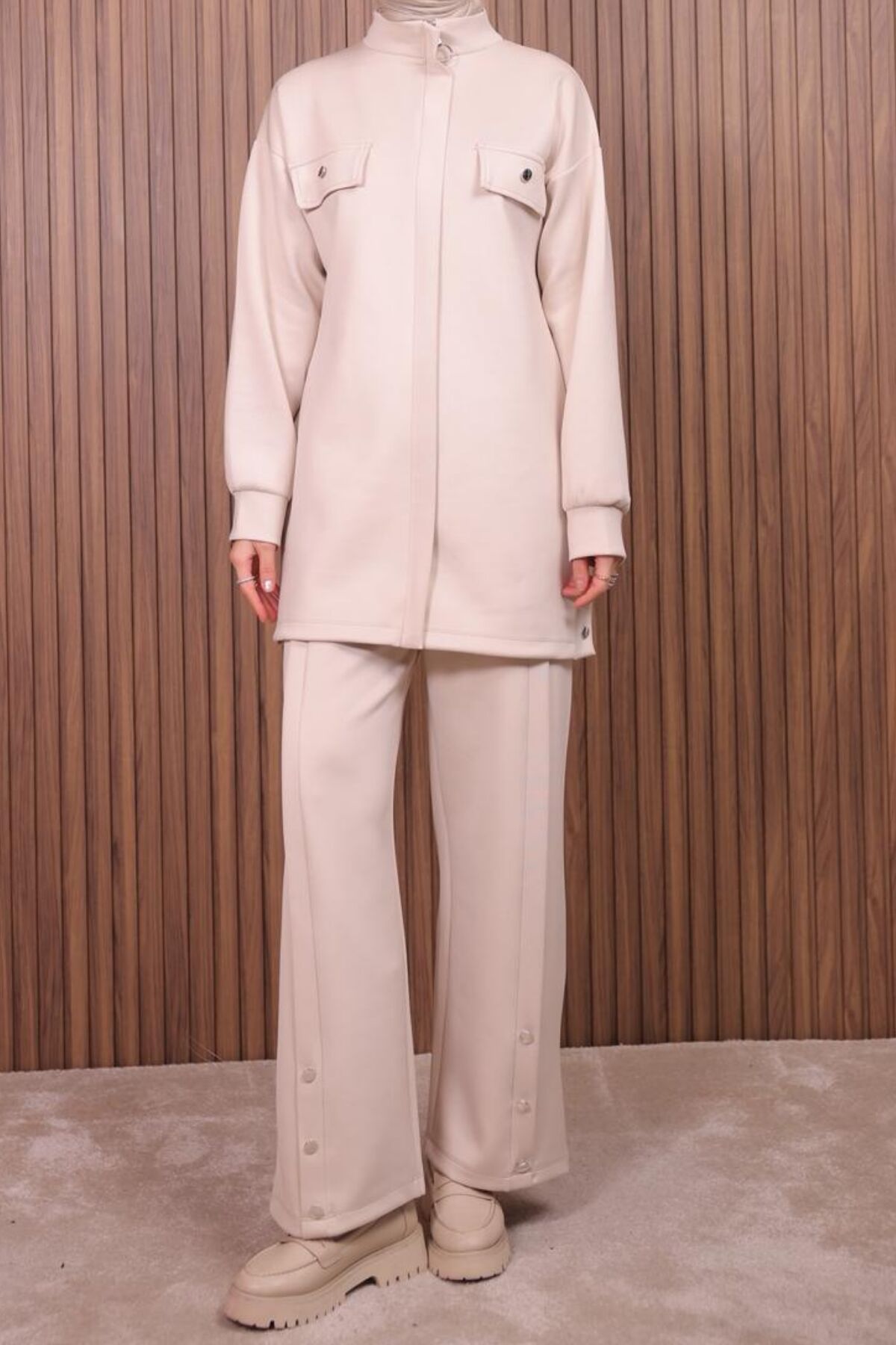 Balenbi Kadın Scuba Kumaş Pantolon Düğme Detaylı Tesettür Takım 1122 M - Bej