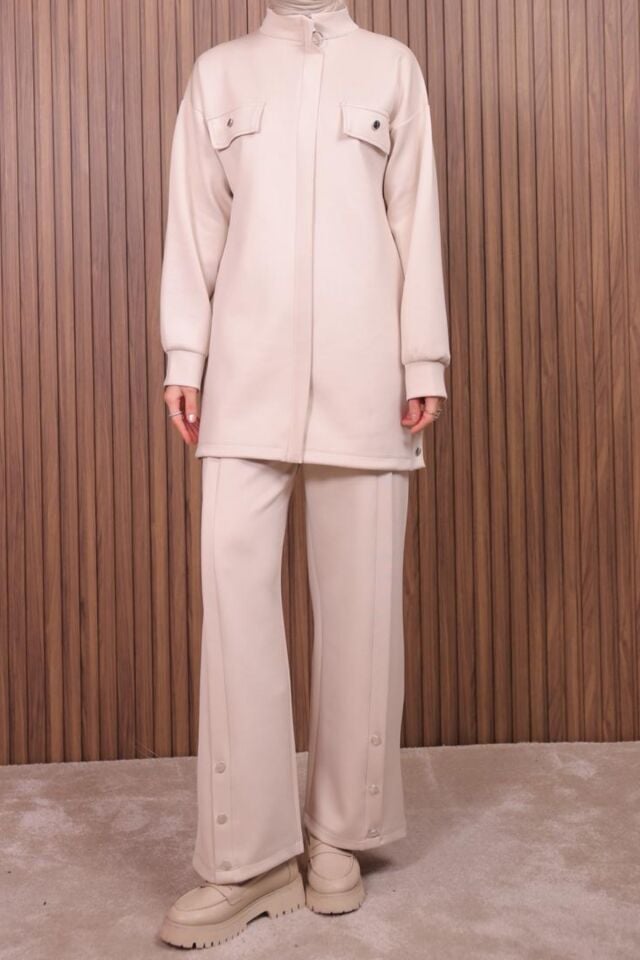 Balenbi Kadın Scuba Kumaş Pantolon Düğme Detaylı Tesettür Takım 1122 Bej - M