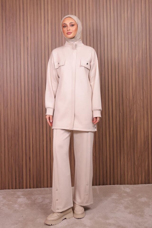 Balenbi Kadın Scuba Kumaş Pantolon Düğme Detaylı Tesettür Takım 1122 Bej - M