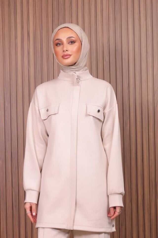 Balenbi Kadın Scuba Kumaş Pantolon Düğme Detaylı Tesettür Takım 1122 M - Bej