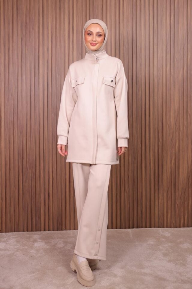 Balenbi Kadın Scuba Kumaş Pantolon Düğme Detaylı Tesettür Takım 1122 M - Bej
