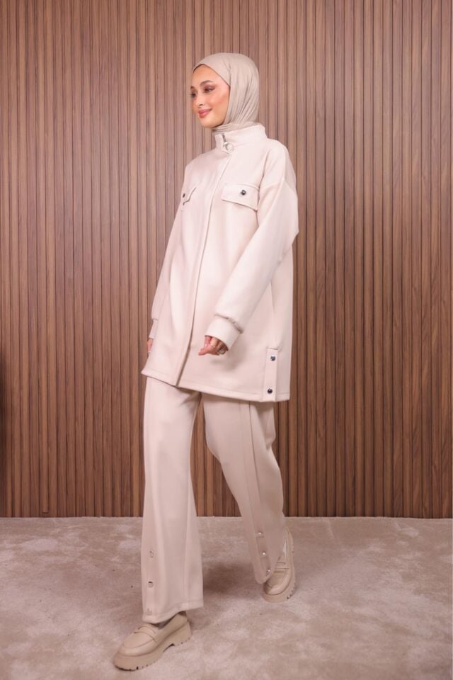 Balenbi Kadın Scuba Kumaş Pantolon Düğme Detaylı Tesettür Takım 1122 M - Bej