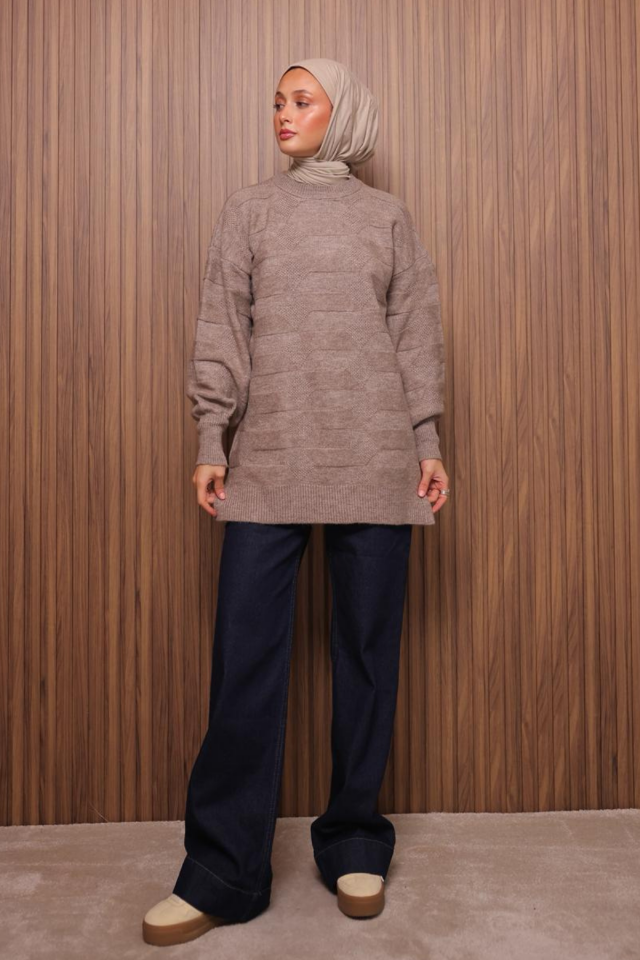 Balenbi Örgü Dokulu Yumoş Oversize Tesettür Triko Tunik 7018 Standart - Toprak