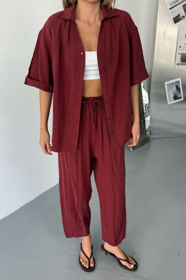 Feela Moda Kadın Modal Dokuma Kısa Kol Salaş Takım 2014 Bordo - 40