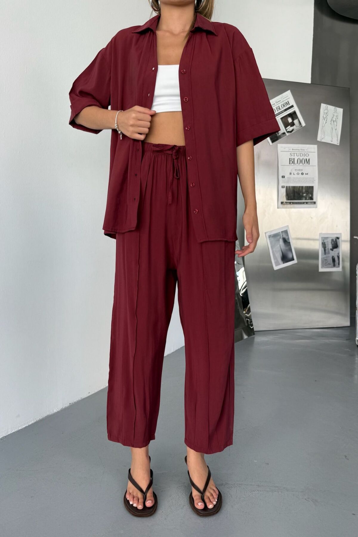 Feela Moda Kadın Modal Dokuma Kısa Kol Salaş Takım 2014 40 - Bordo