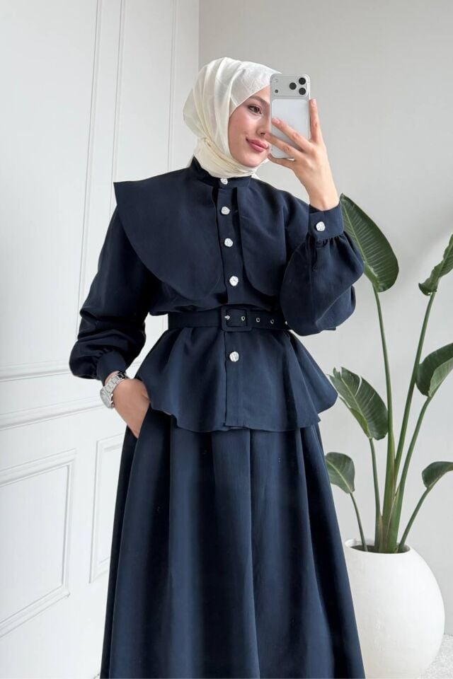 Balenbi Rahat Kesim Kemer Detaylı Tesettür Kadın Etekli Takım 1167 – Form Serisi Lacivert - 36
