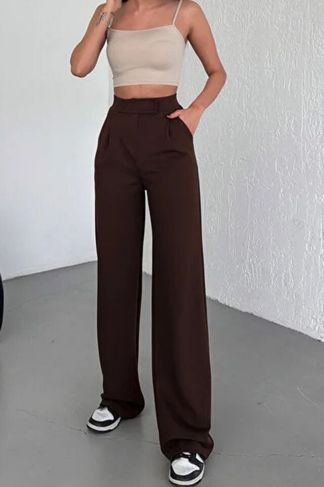 Balenbi Kadın Likralı Cırt Kapama Palazzo Pantolon 1077 38 - Acı Kahve