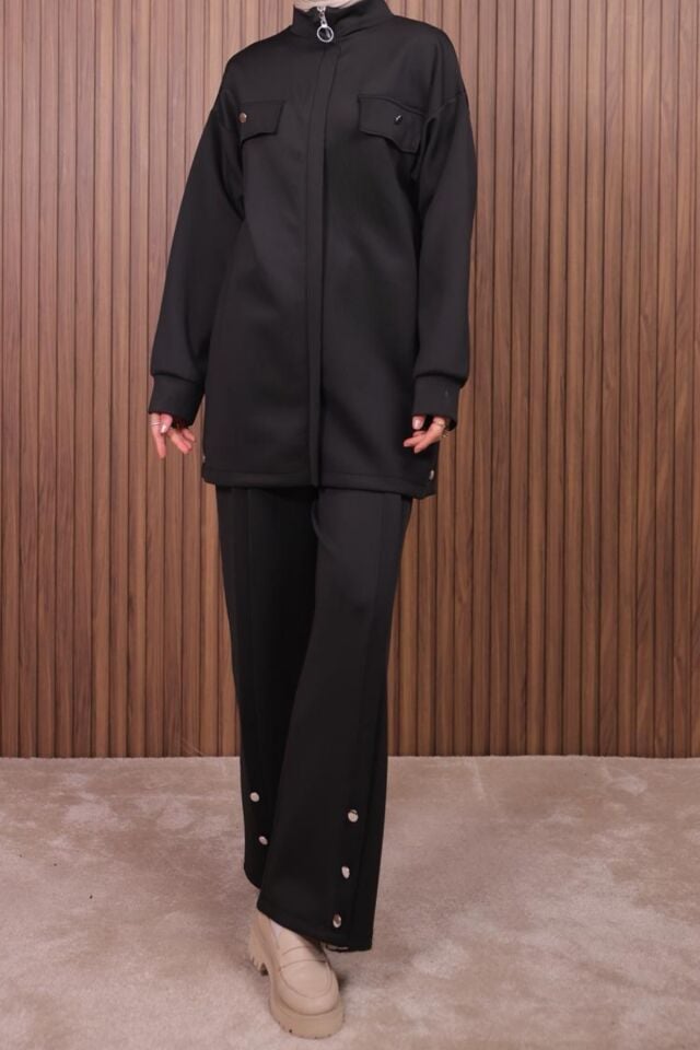 Balenbi Kadın Scuba Kumaş Pantolon Düğme Detaylı Tesettür Takım 1122 Siyah - M