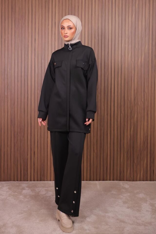 Balenbi Kadın Scuba Kumaş Pantolon Düğme Detaylı Tesettür Takım 1122 Siyah - M