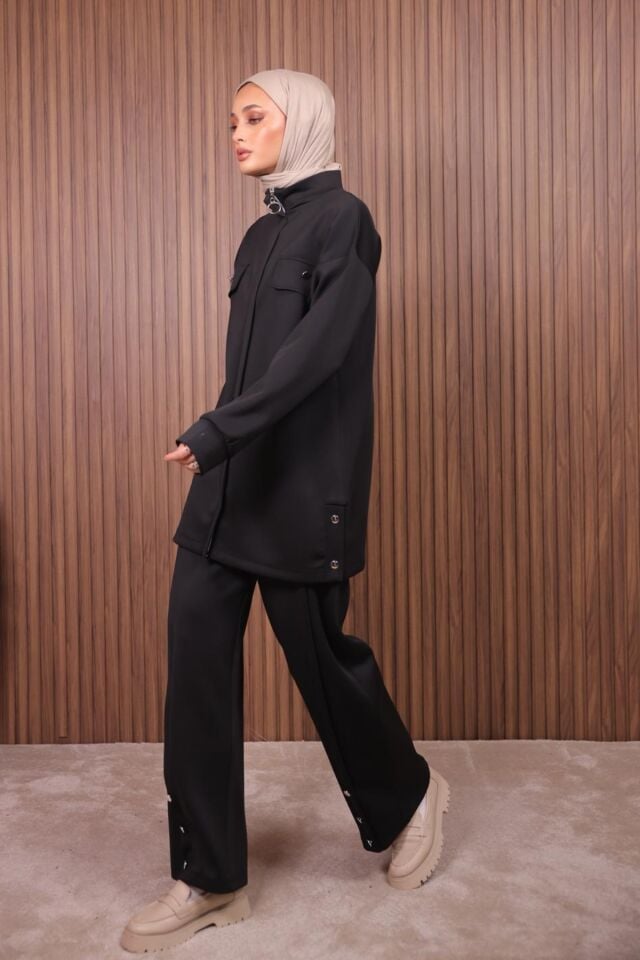 Balenbi Kadın Scuba Kumaş Pantolon Düğme Detaylı Tesettür Takım 1122 M - Siyah