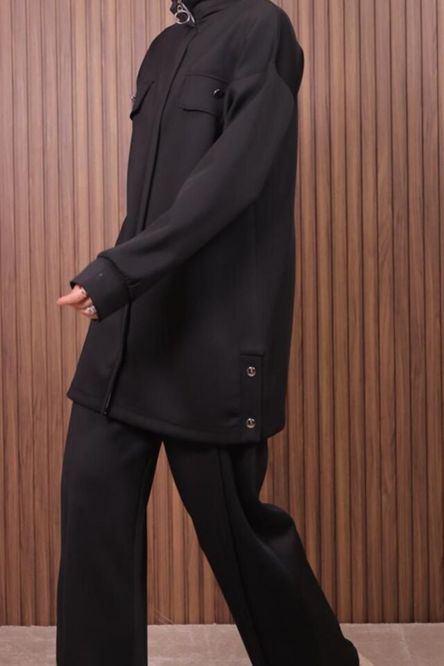 Balenbi Kadın Scuba Kumaş Pantolon Düğme Detaylı Tesettür Takım 1122 M - Siyah