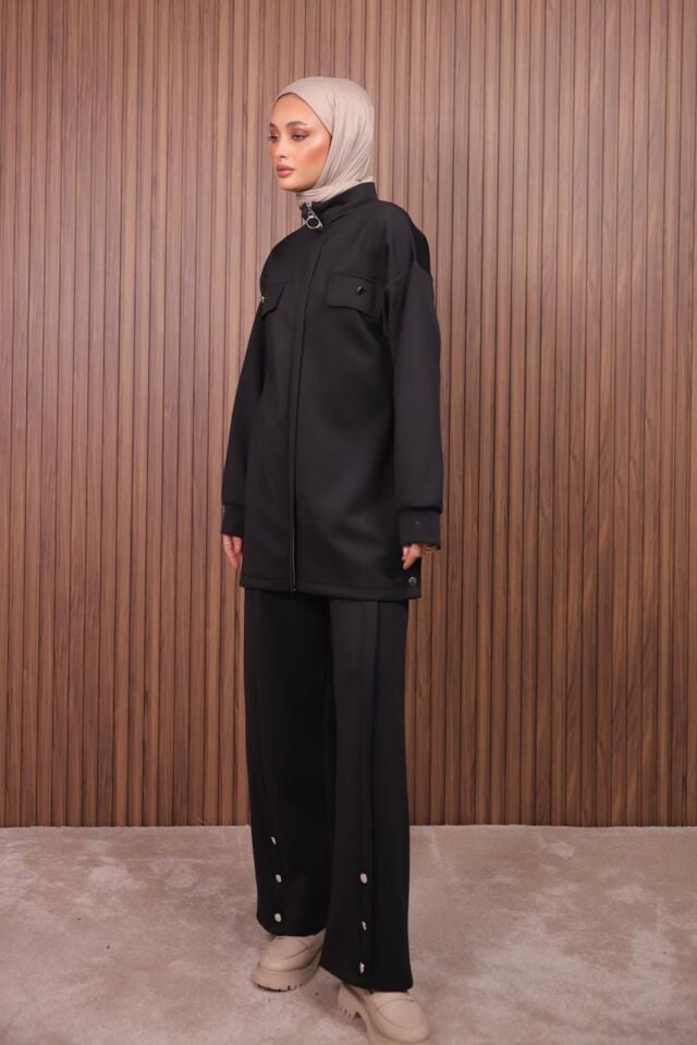 Balenbi Kadın Scuba Kumaş Pantolon Düğme Detaylı Tesettür Takım 1122 M - Siyah