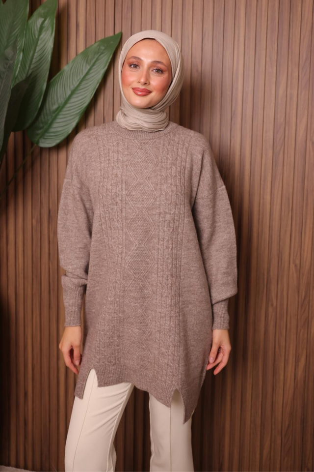 Balenbi Baklava Desenli Yumoş Tesettür Triko Tunik 7032 Standart - Toprak