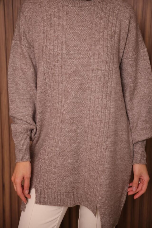 Balenbi Baklava Desenli Yumoş Tesettür Triko Tunik 7032 Standart - Toprak