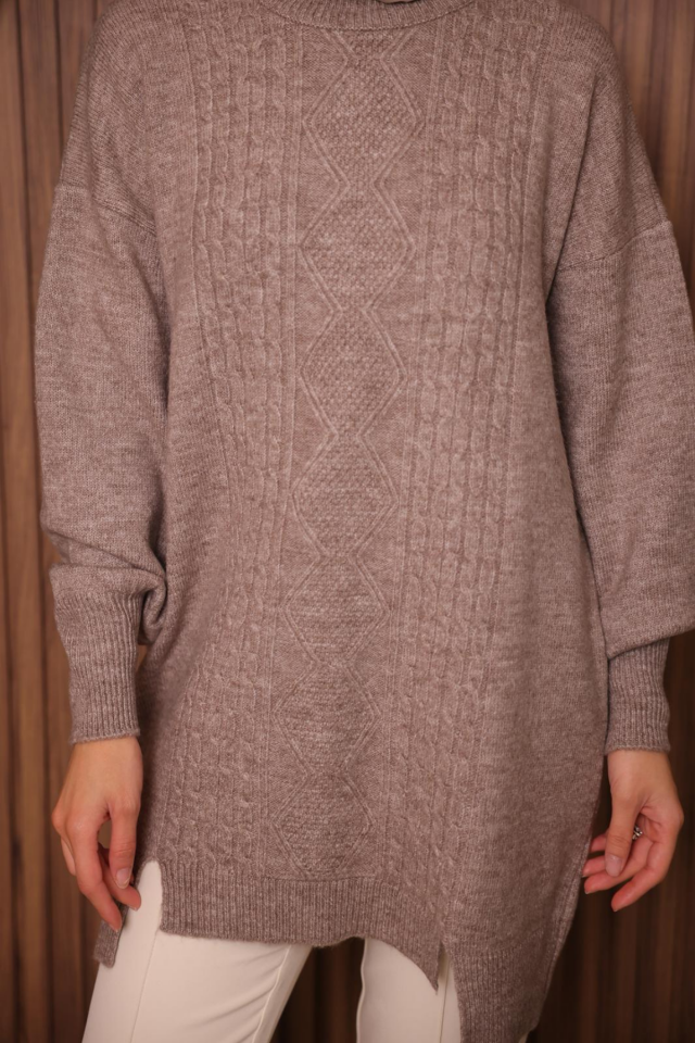 Balenbi Baklava Desenli Yumoş Tesettür Triko Tunik 7032 Standart - Toprak