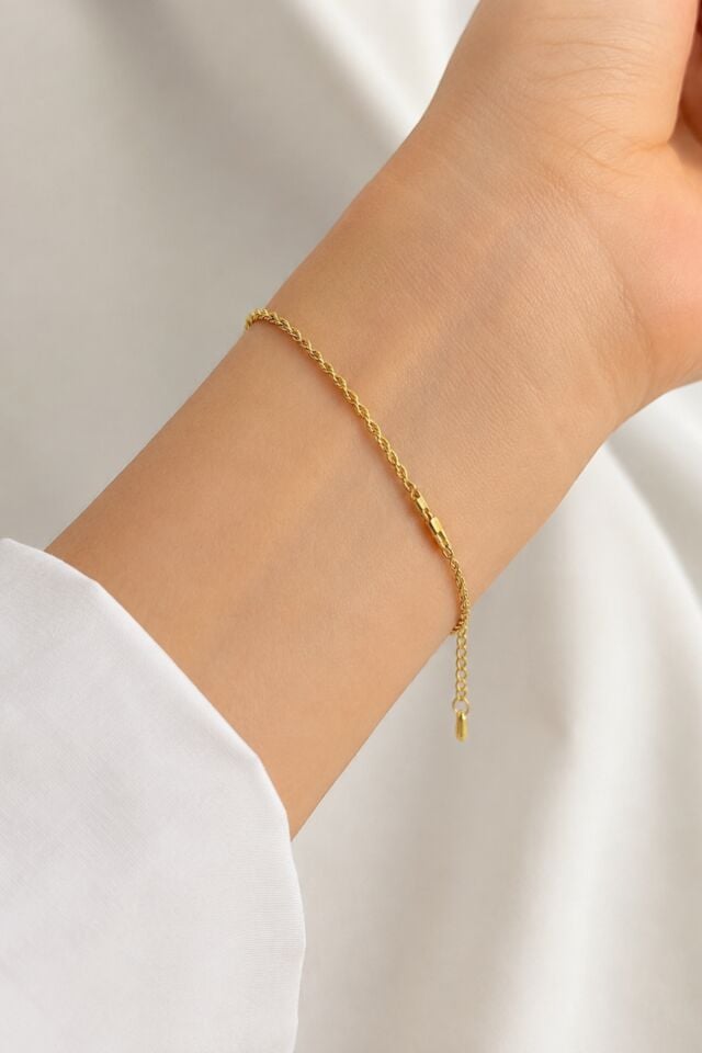 Balenbi Jewelry Kadın İnce Burgu Zincir Gold Renk Kararmaz Çelik Bileklik 1110 Altın
