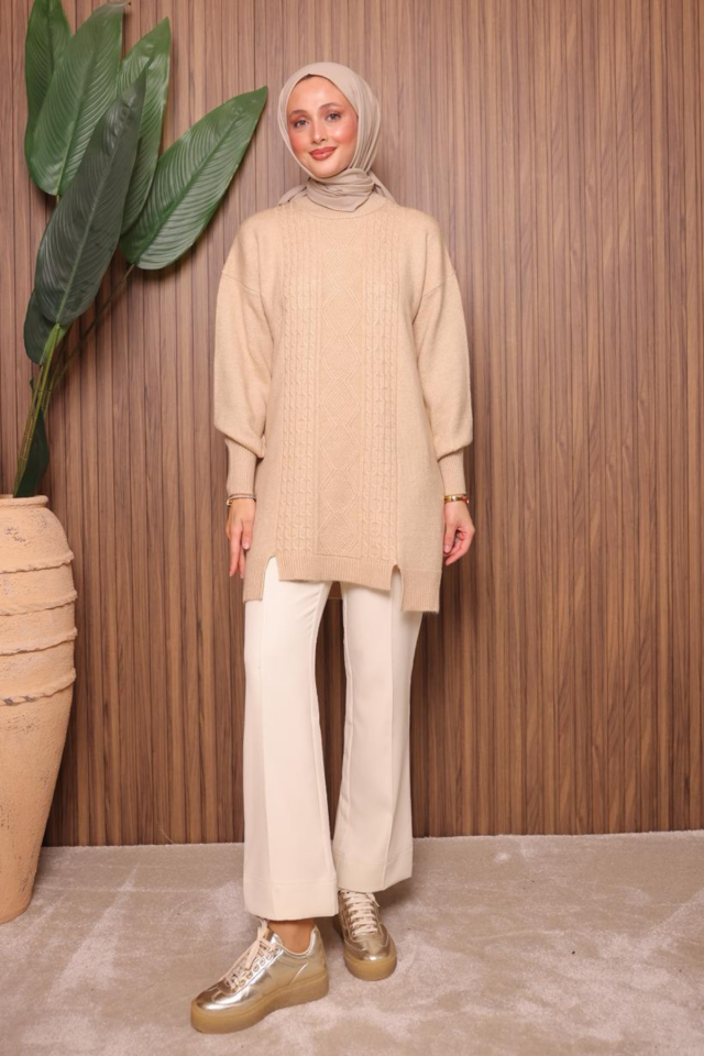 Balenbi Baklava Desenli Yumoş Tesettür Triko Tunik 7032 Standart - Bej