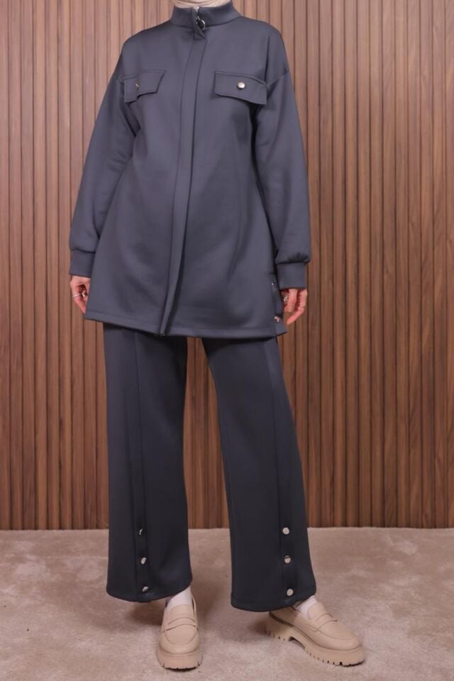 Balenbi Kadın Scuba Kumaş Pantolon Düğme Detaylı Tesettür Takım 1122 Antrasit - XL